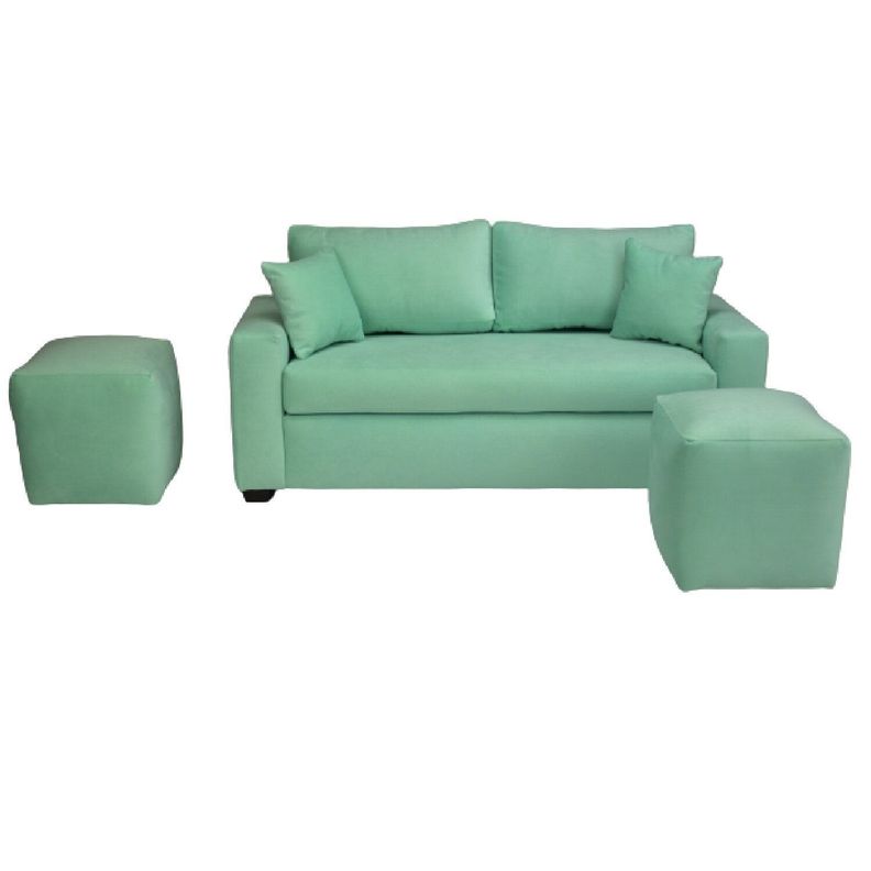 Sofá 3 Cuerpos Felpa Verde Agua + 2 Pouf-2