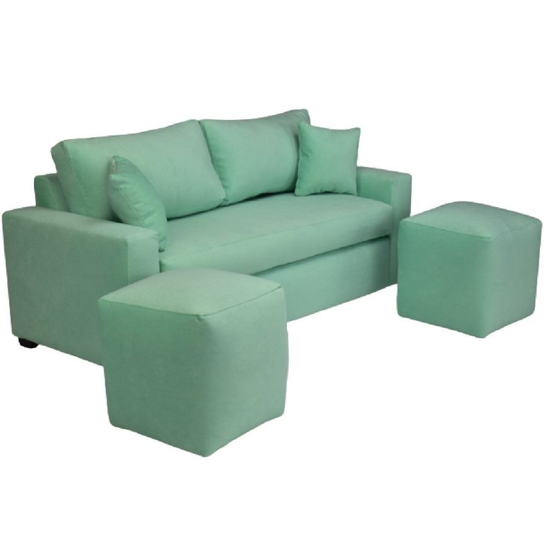 Sofá 3 Cuerpos Felpa Verde Agua + 2 Pouf-3