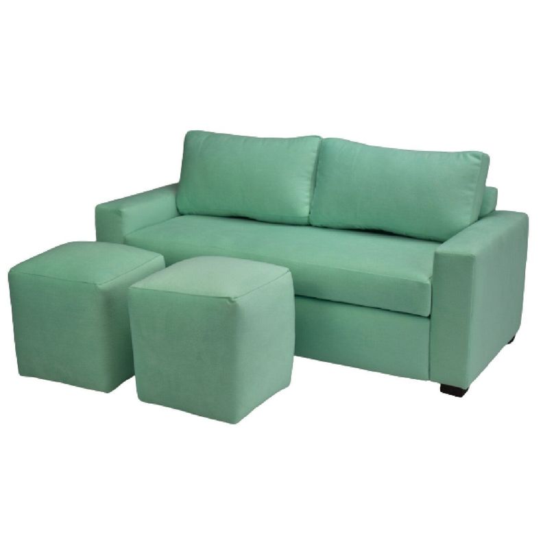 Sofá 3 Cuerpos Felpa Verde Agua + 2 Pouf-1