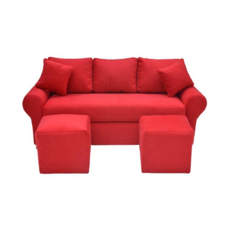 Sofá  3 Cuerpos Felpa Roja + 2 Puff-0