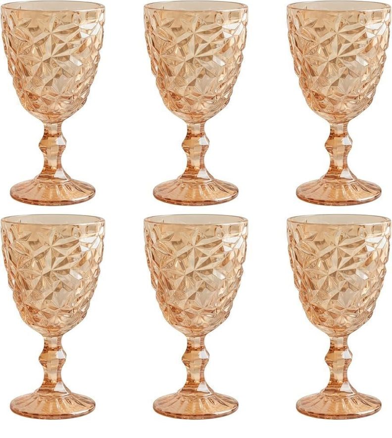 Juego De 6 Copas De Vino De Cristal Dorado Con Relieve (300 ML)