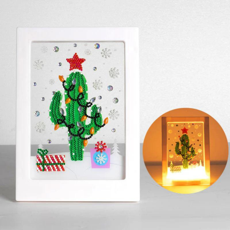 Pintura con Diamantes en marco con Led para niños Cactus-0