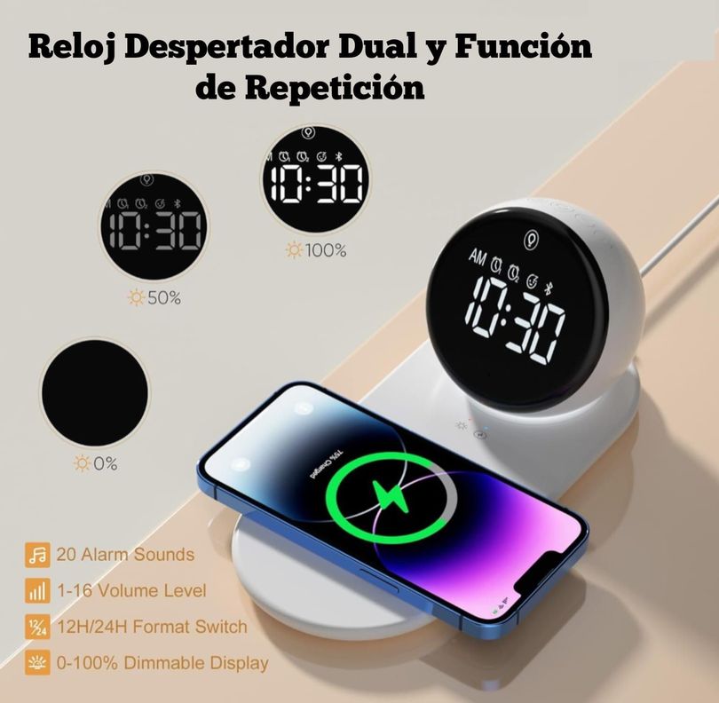 CARGADOR INALÁMBRICO RELOJ DESPERTADOR BLUETOOTH - VIDVIE-3