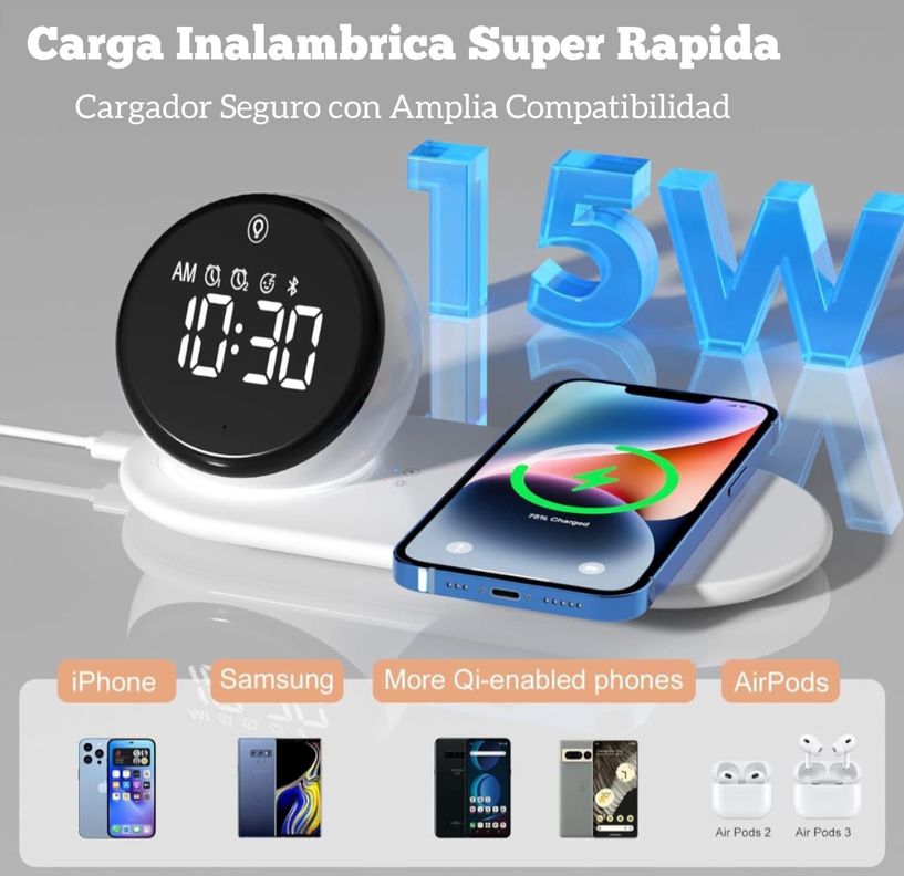 CARGADOR INALÁMBRICO RELOJ DESPERTADOR BLUETOOTH - VIDVIE-5