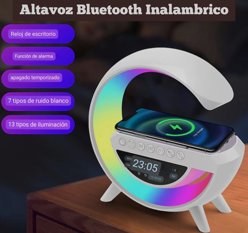LÁMPARA LED INTELIGENTE CARGADOR INALÁMBRICO RELOJ ALTAVOCES-3