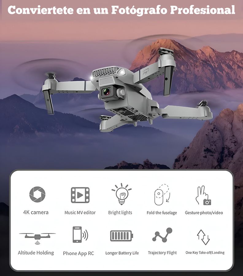 DRONE GRAN ANGULAR HD 4K 1080P E88 WIFI FPV GRIS-1
