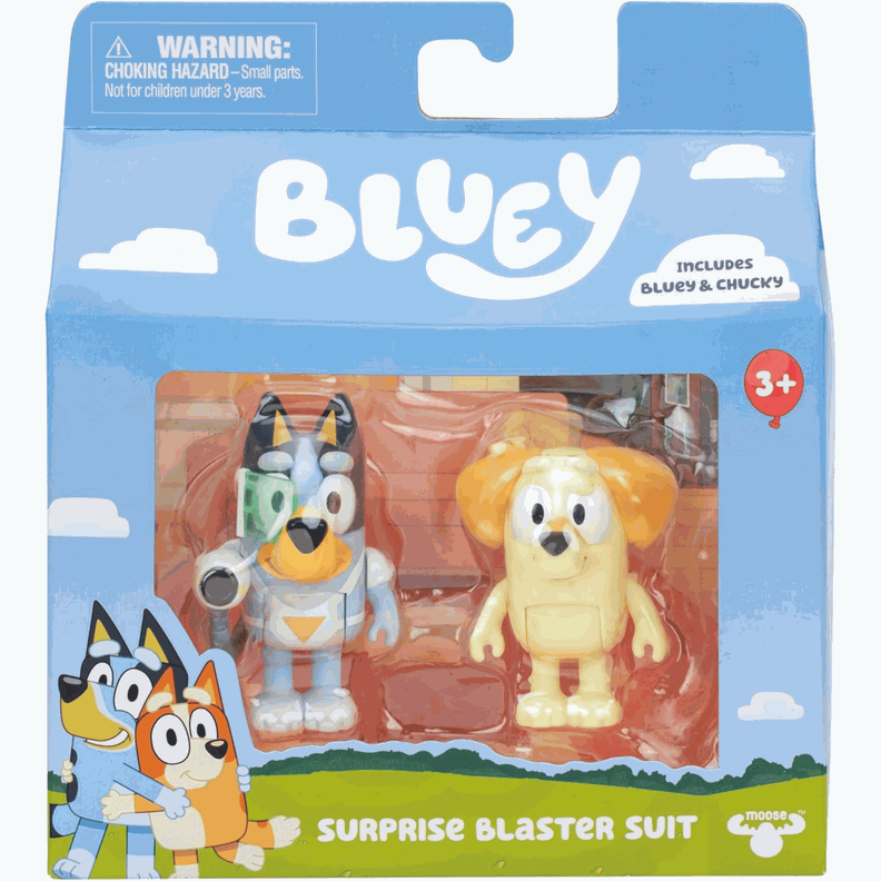 Bluey Pack 2 Figuras Bluey Y Chucky Traje De Sopresa Blaster-1
