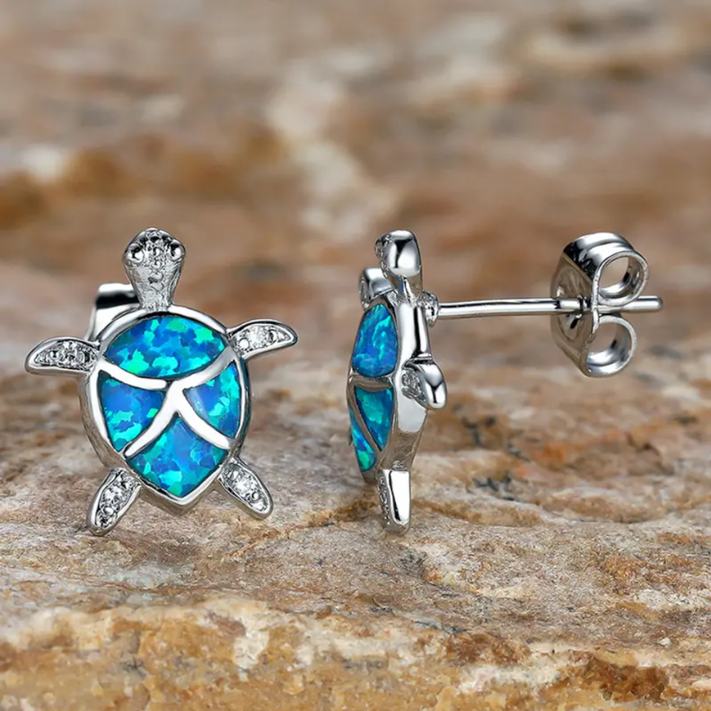 Aros Tortuga Plata 925 Opalo Azul-2