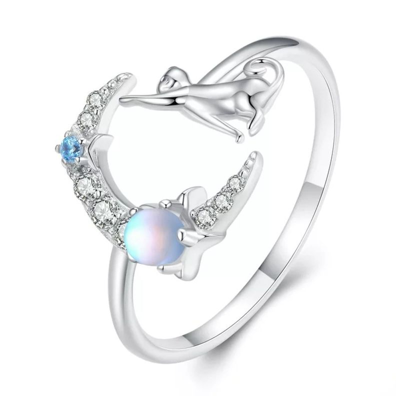 Anillo Gato Luna Ajustable Plata 925-0