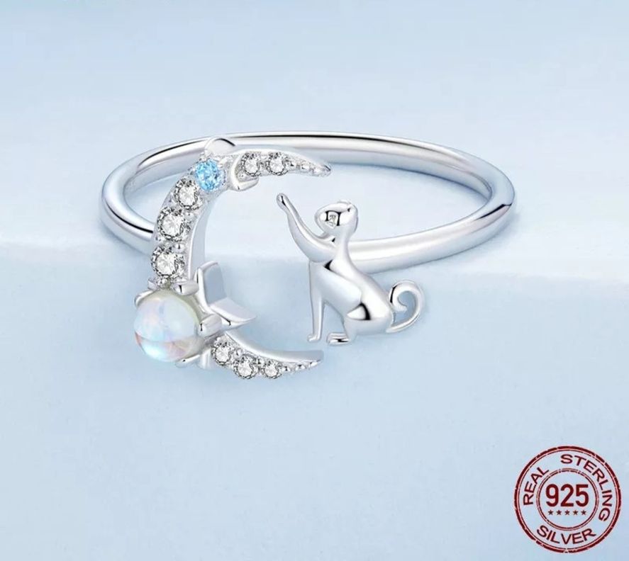 Anillo Gato Luna Ajustable Plata 925-1