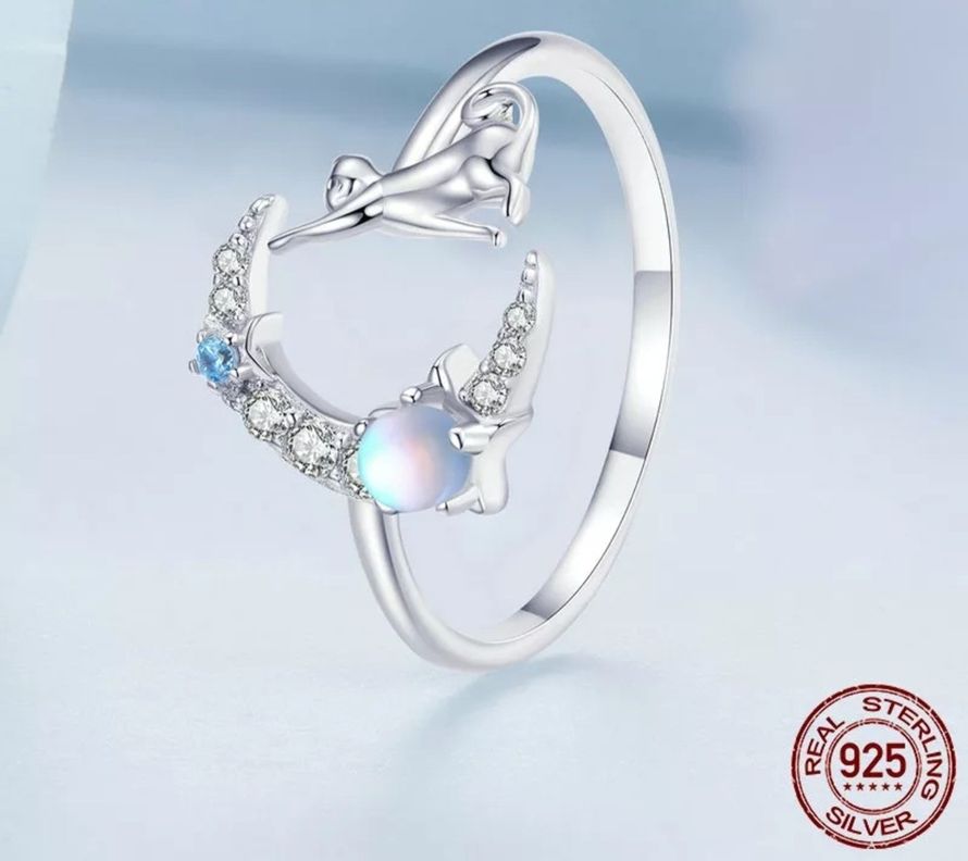Anillo Gato Luna Ajustable Plata 925-2