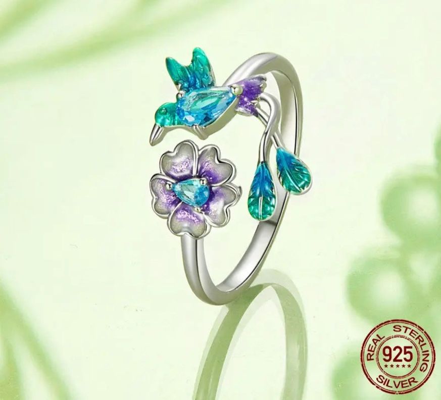 Anillo Colibrí Multicolor Ajustable Plata 925-1