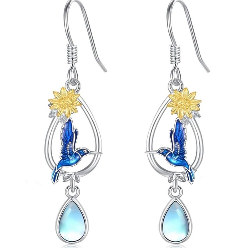 Aros colibrí girasol piedra luna plata 925 -0
