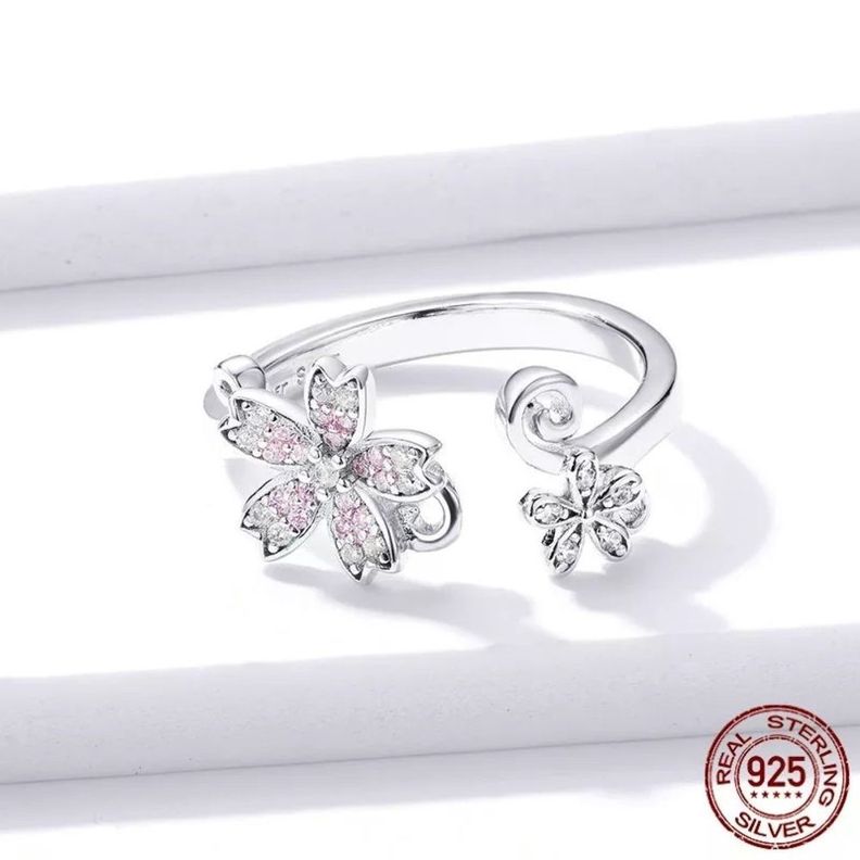 Anillo Flor Cerezo Sakura Ajustable Plata 925-1