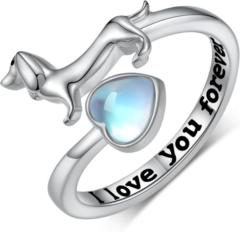 Anillo Perro Salchicha Dachshund Ajustable Plata 925 Piedra Luna-0