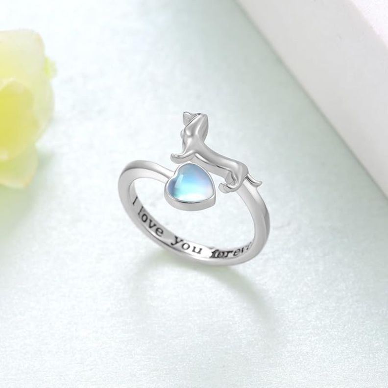 Anillo Perro Salchicha Dachshund Ajustable Plata 925 Piedra Luna-1