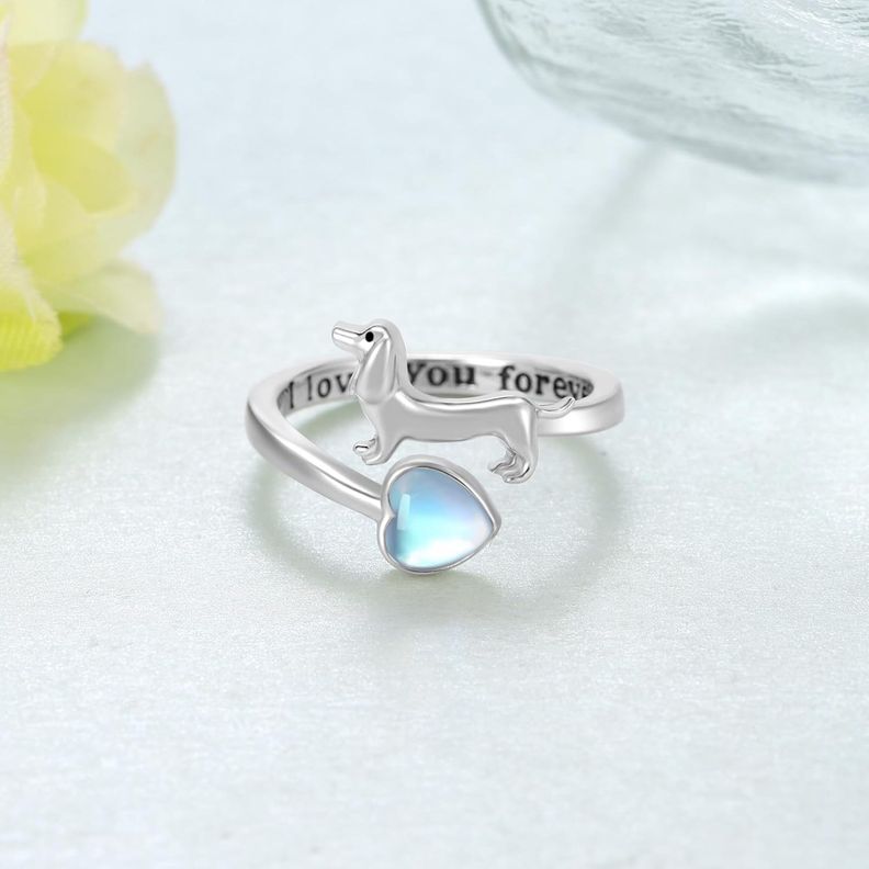 Anillo Perro Salchicha Dachshund Ajustable Plata 925 Piedra Luna-2