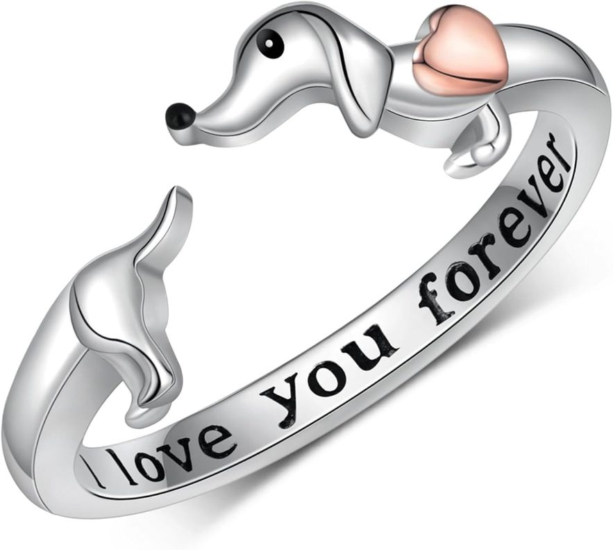 Anillo Perro Salchicha Dachshund Ajustable Plata 925 Corazón Oro Rosa -0