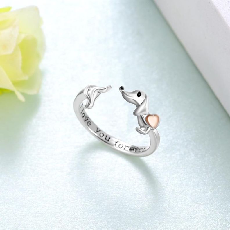 Anillo Perro Salchicha Dachshund Ajustable Plata 925 Corazón Oro Rosa -1