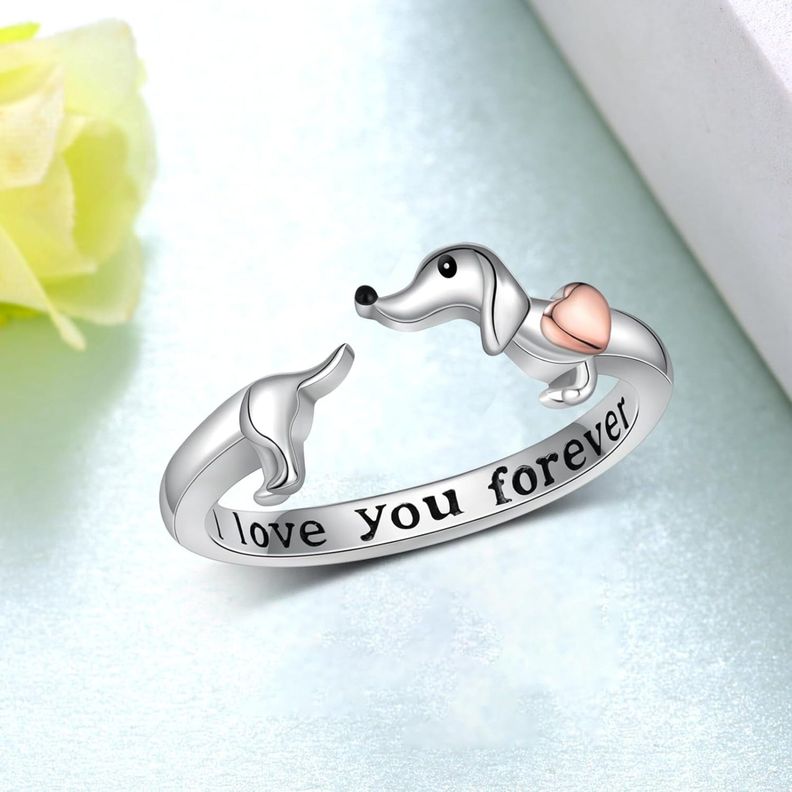 Anillo Perro Salchicha Dachshund Ajustable Plata 925 Corazón Oro Rosa -3