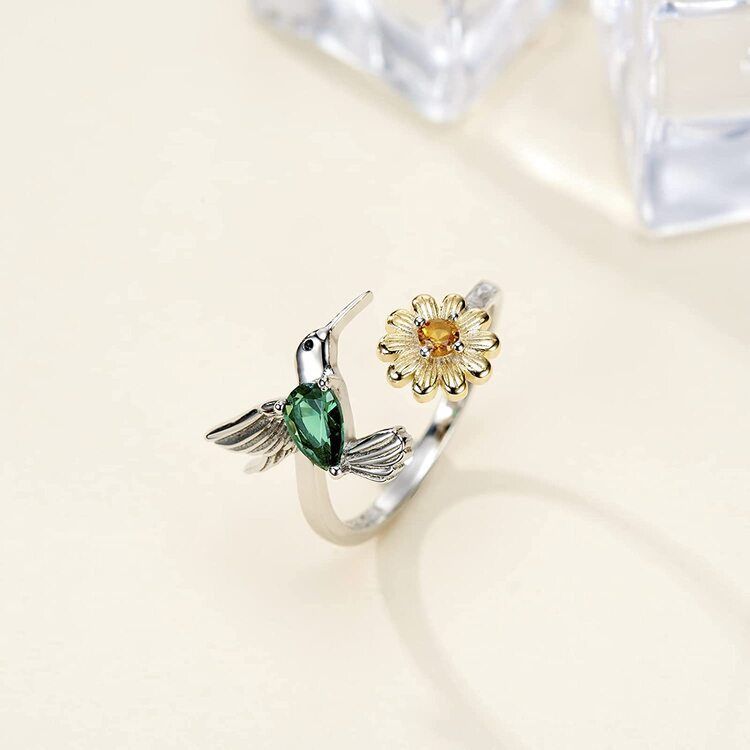 Anillo Colibrí Girasol Ajustable Plata 925-1