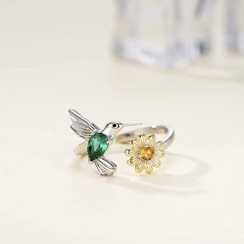 Anillo Colibrí Girasol Ajustable Plata 925-2