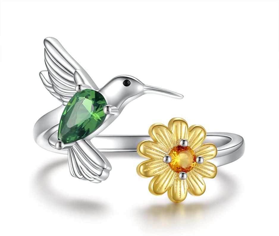Anillo Colibrí Girasol Ajustable Plata 925-0