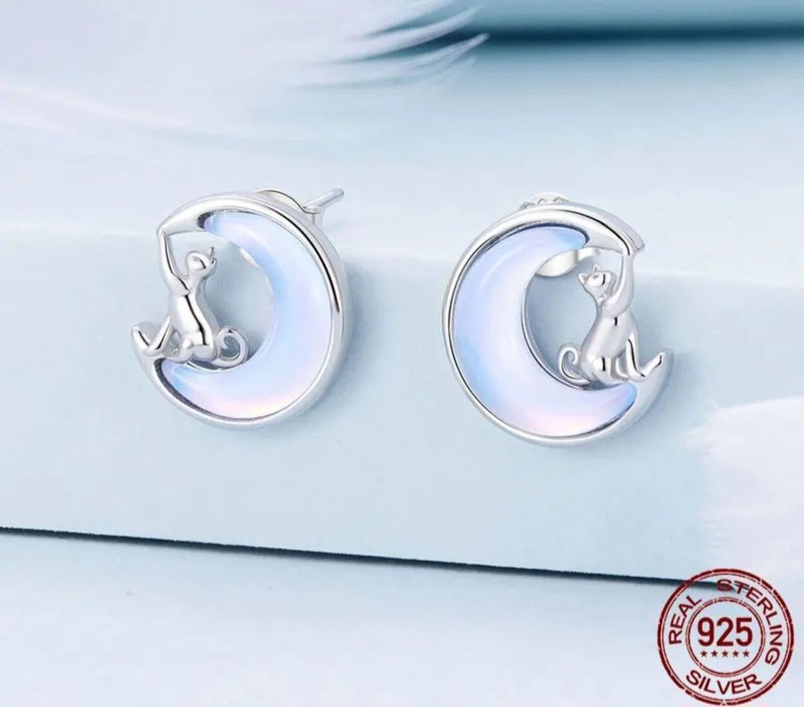Aros Gato Piedra Luna Plata 925-1