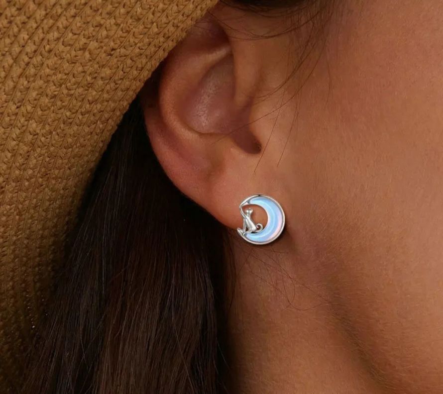 Aros Gato Piedra Luna Plata 925-3