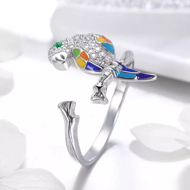 Anillo Ajustable Pajaro Loro Plata 925-1