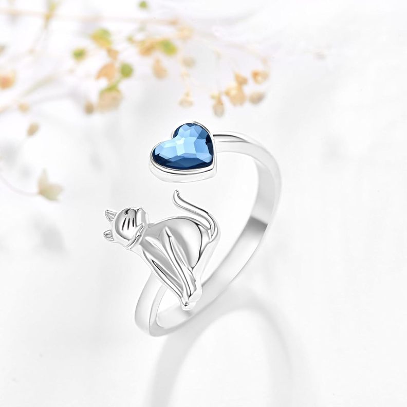Anillo Gato Corazón Azul Plata 925 Ajustable Mujer-1