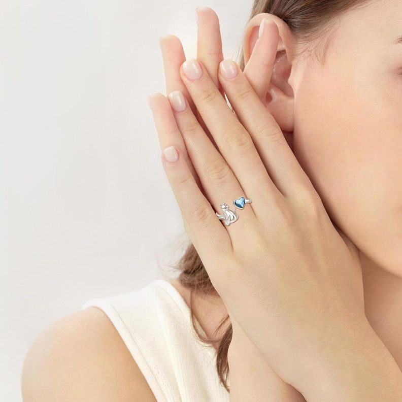 Anillo Gato Corazón Azul Plata 925 Ajustable Mujer-2
