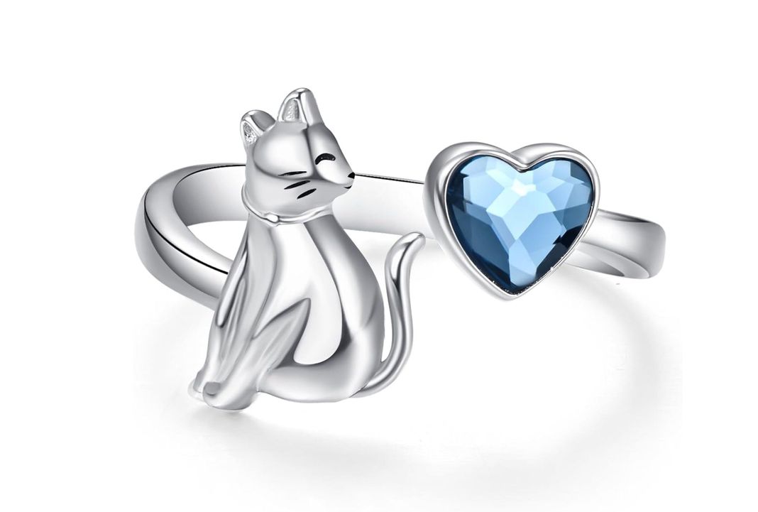 Anillo Gato Corazón Azul Plata 925 Ajustable Mujer-0