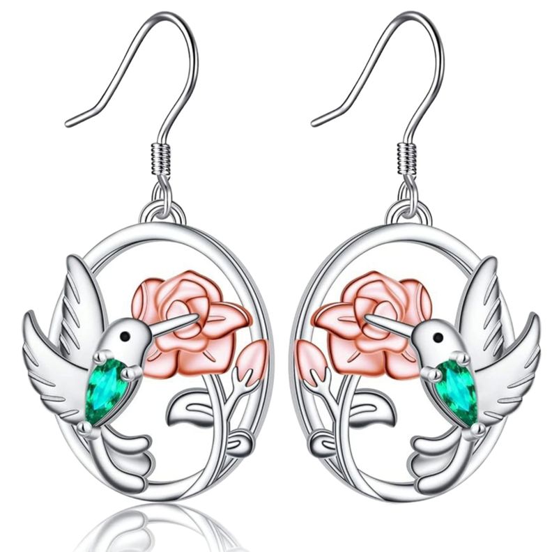 Aros Colibrí Flor Plata 925 Oro Rosa Mujer Joya-0