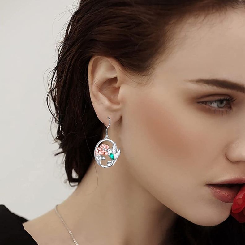 Aros Colibrí Flor Plata 925 Oro Rosa Mujer Joya-1