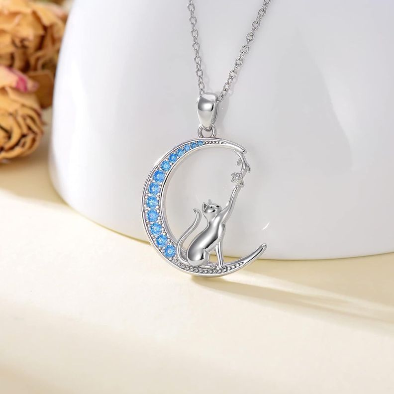 Collar gato luna azul plata 925-1