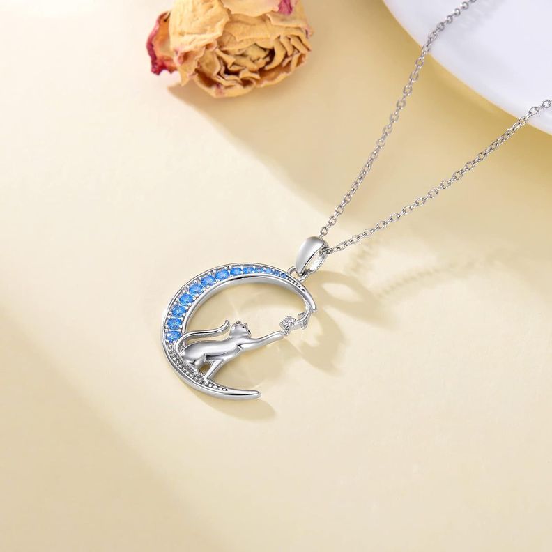 Collar gato luna azul plata 925-2