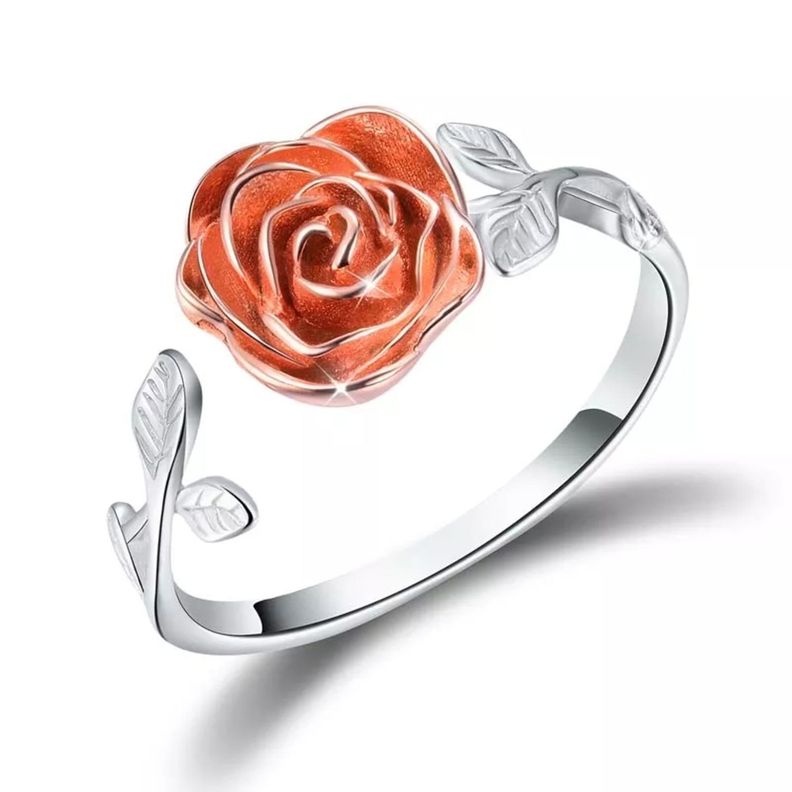 Anillo Flor Rosa Ajustable Plata 925-0