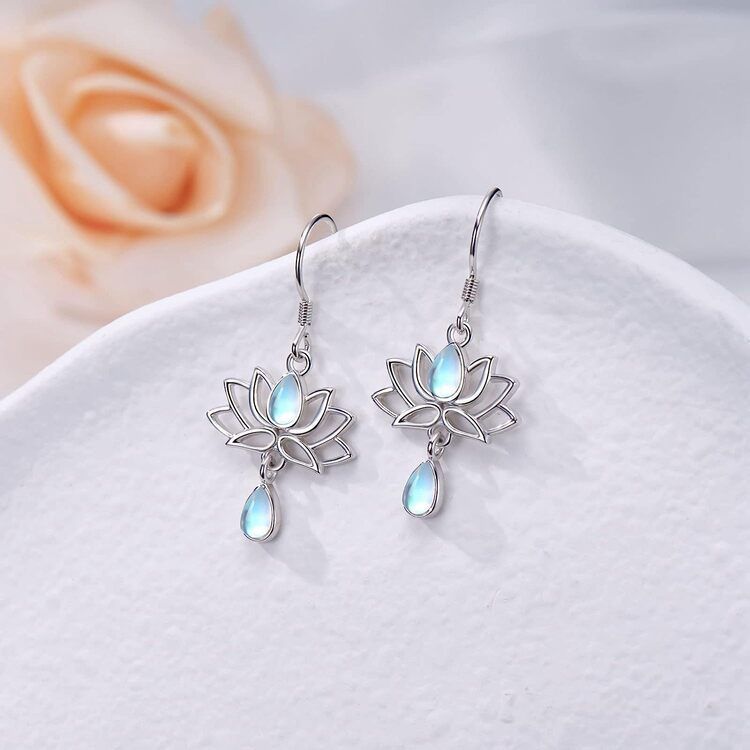 Aros Flor De Loto Piedra Luna Plata 925-1