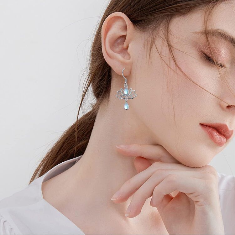 Aros Flor De Loto Piedra Luna Plata 925-2