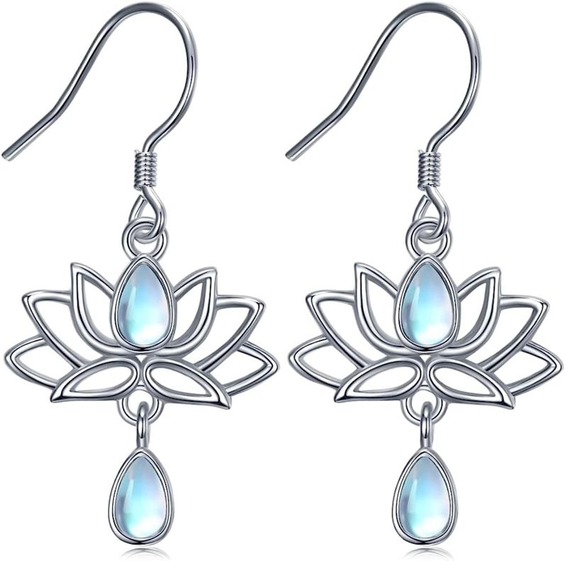 Aros Flor De Loto Piedra Luna Plata 925-0