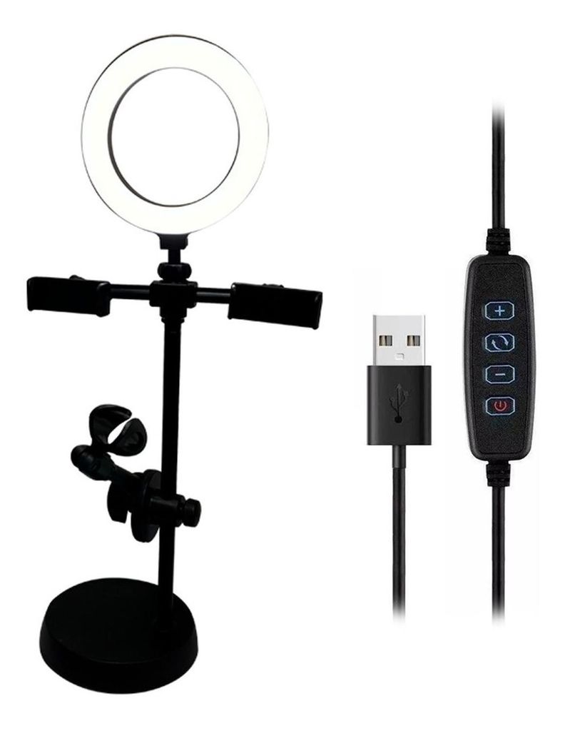 Aro De Luz 16 Cm Led Soporte 2 Celulares 1 Mic 3 Tonos Excel-0