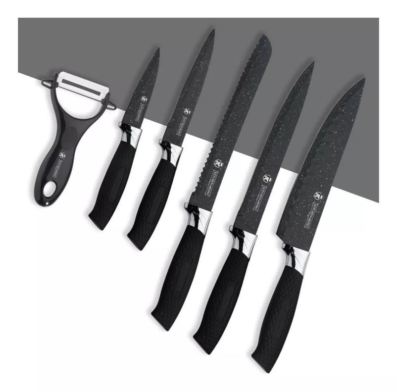 Set Cuchillos Profesionales 6 Piezas Negros Acero Inoxidable-1