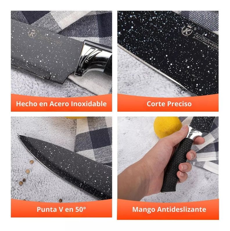 Set Cuchillos Profesionales 6 Piezas Negros Acero Inoxidable-3