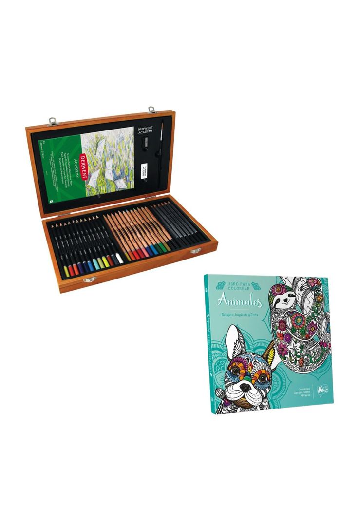 Kit Libro para Colorear Mandalas Animales + Set Lápices en Caja de Madera Derwent-0