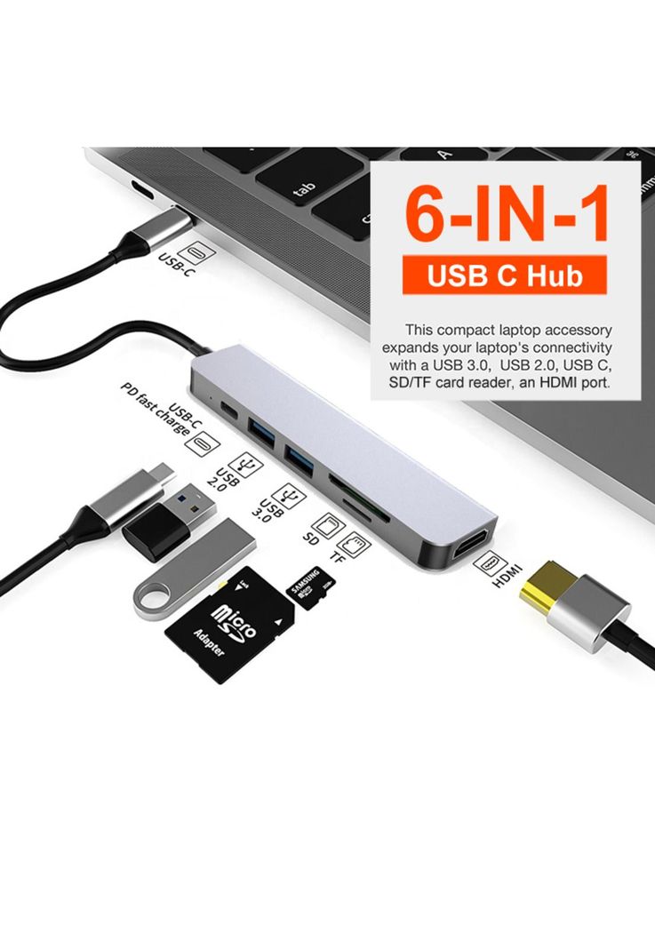 Hub 6 en 1 USB-C - HDMI, 2x USB 3.0, TF,  SD,  USB-C-1