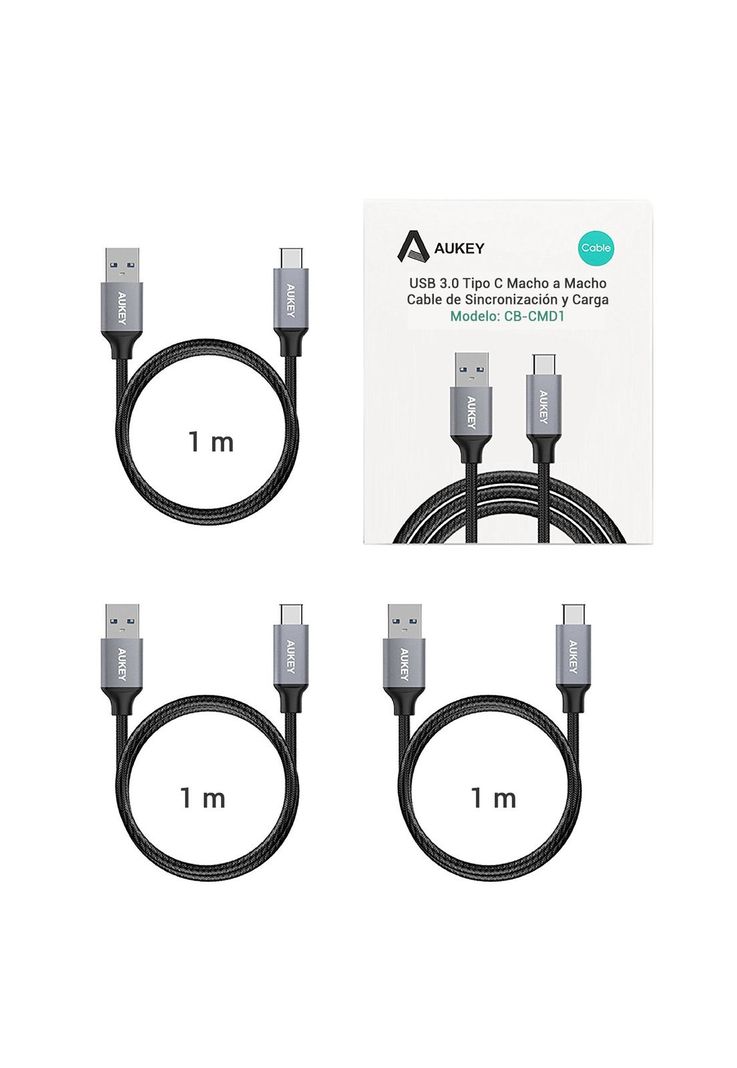 AUKEY Cable USB Pack 3 cables trenzados USB a USB-C 1m Negro - CB-CMD1-1