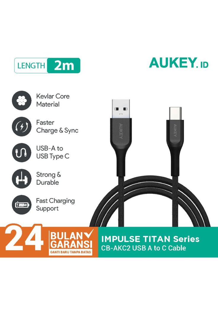 AUKEY Cable USB-A a USB-C Kevlar 2m Carga rápida 3.0 Negro - CB-AKC2 (Not Box)-1