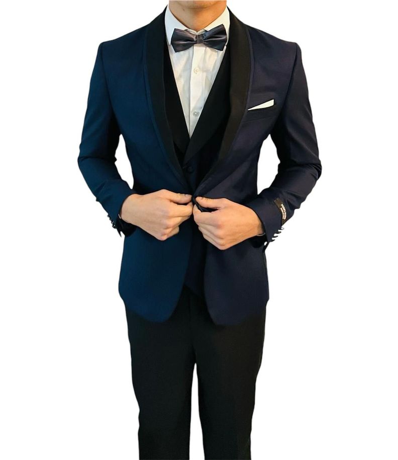 Traje Elegante de 4 piezas,boda  azul marino combine con pantalones negros-0