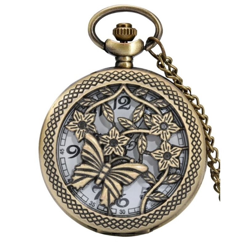 RELOJ DE BOLSILLO MARIPOSA CON TAPA CALADA VINTAGE-0